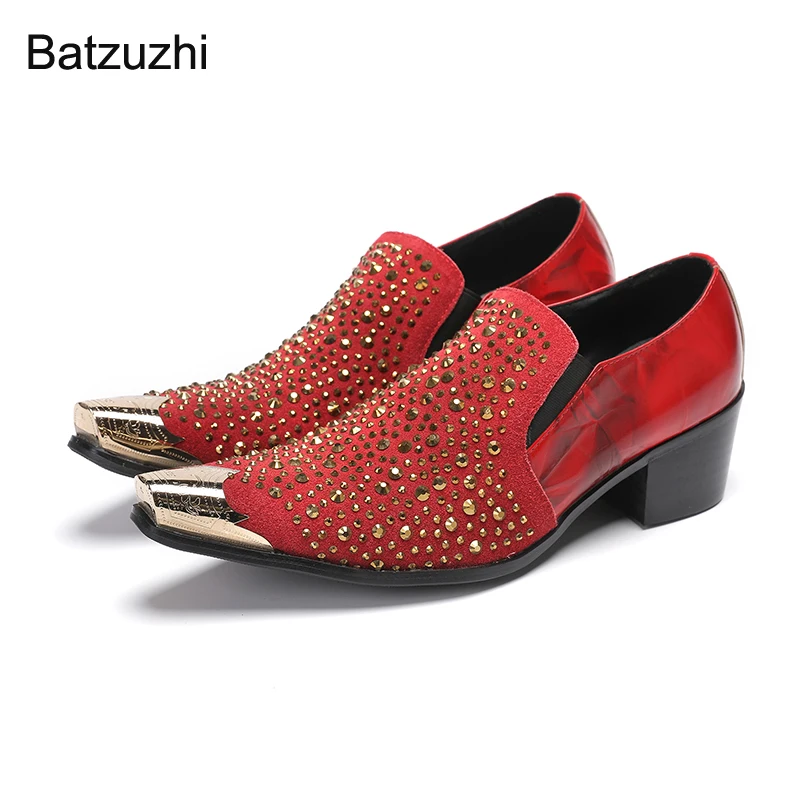 

Batzuzhi 6cm Heels Men's Shoes Pointed Metal Toe Genuine Leather Dress Shoes Men Rhinestone Red Business, Party/Wedding Man