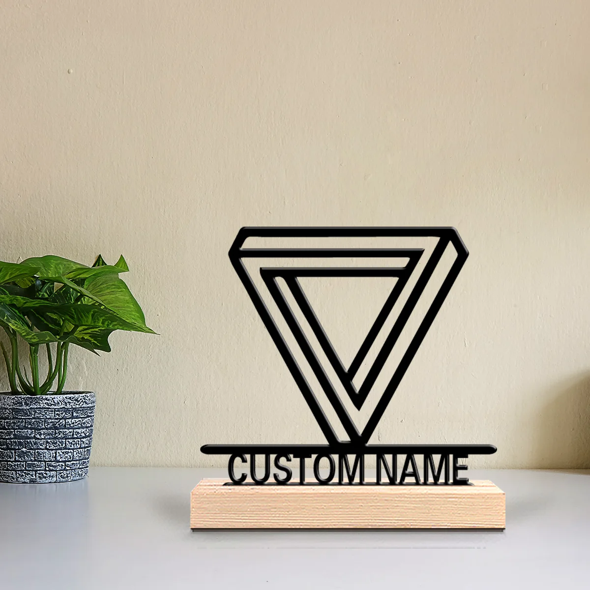 1pc Minimalist inverted triangle Custom Text Metal Statue Art Crafts With Wood Base With Wood Base For Bedroom Desk Decor
