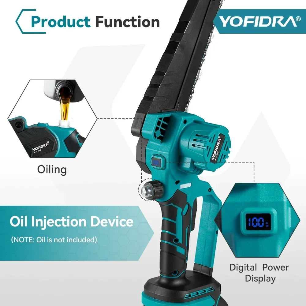 YOFIDRA 8 Inch Borstelloze Elektrische Kettingzaag Draadloze Oplaadbare Tuin Houtbewerking Snijden Elektrisch Gereedschap Voor Makita 18 V Batterij