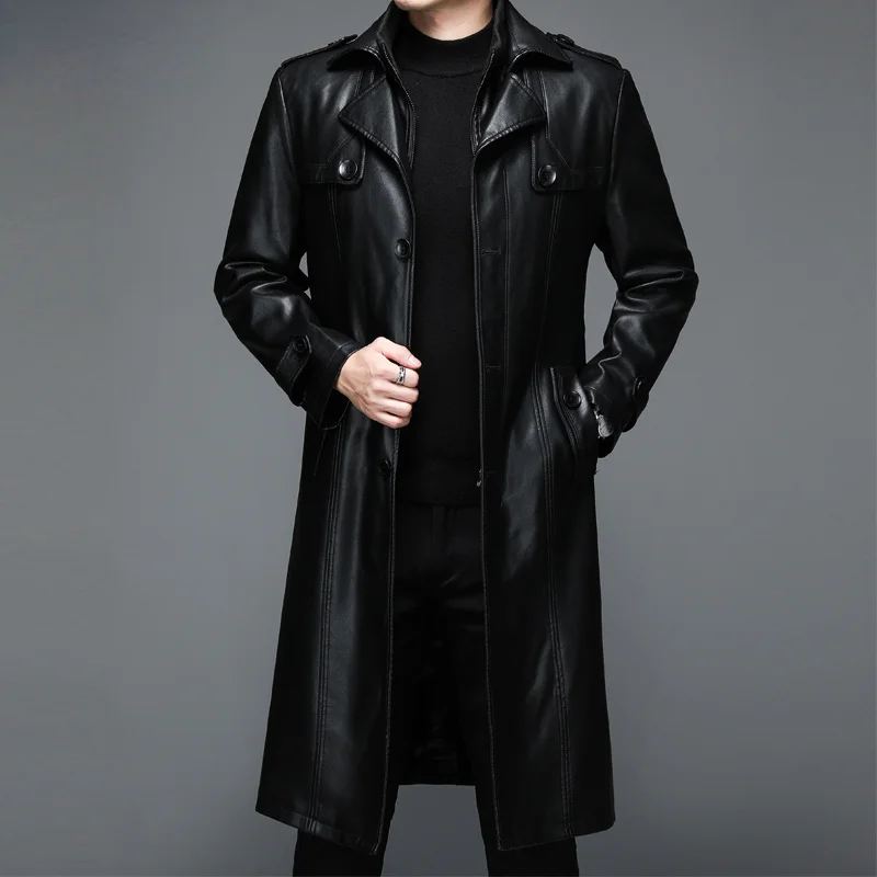 Men Leather Jacket Fall Winter Genuine Jackets Man Clothes Long Warm Plush Coats Casual Fashion Windbreak Belt Chaquetas