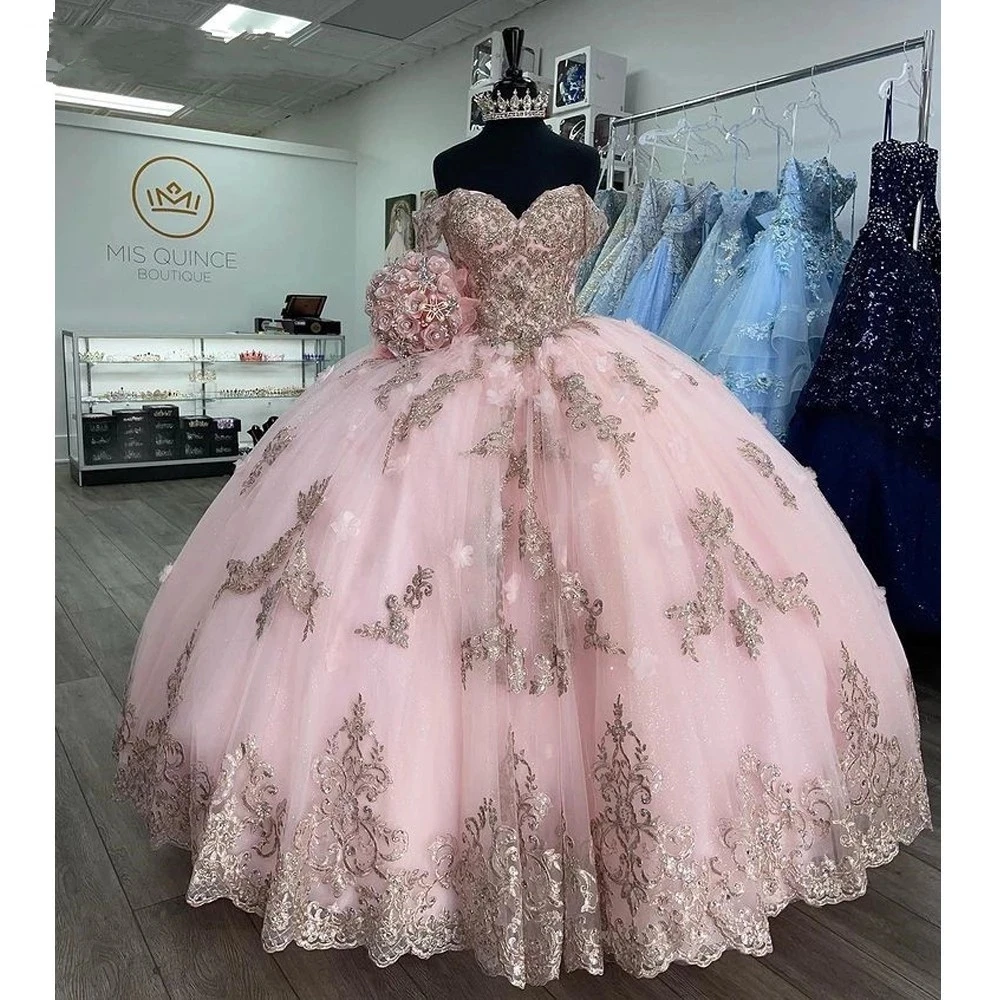 ANGELSBRIDEP-vestido De baile rosa con hombros descubiertos para quinceañera, traje Formal De encaje para 15 años, Vestidos De fiesta De cumpleaños De princesa