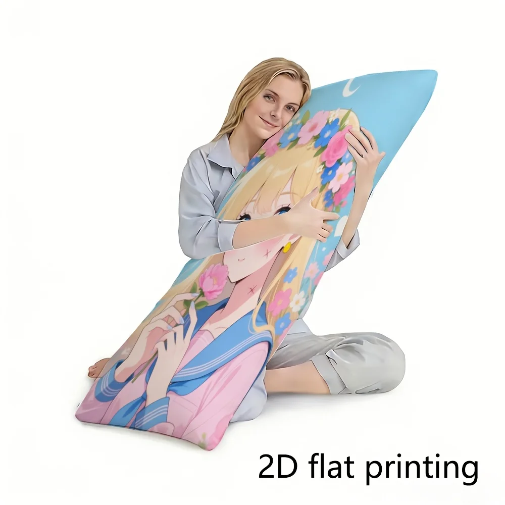 2D Flat - Long Pillowcase, 2D Printed Design Featuring a Cherry Blossom Girl Wreath Pattern, Made from Durable Fabric, Full-Body