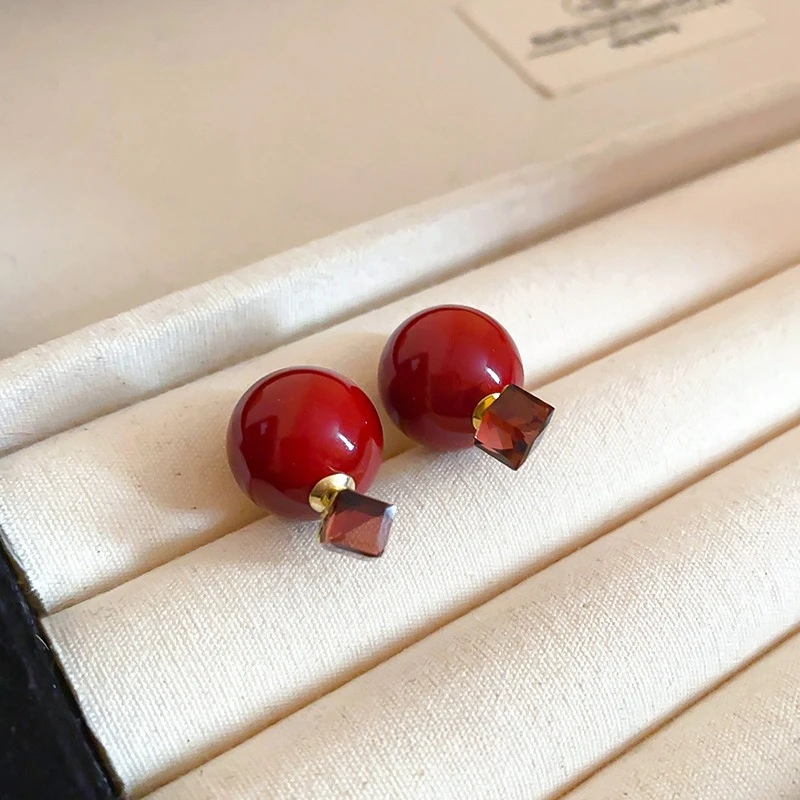 LENNIK Pendientes redondos cuadrados con incrustaciones de diamantes y aguja de plata, un pendiente simple de dos usos, pendientes de temperamento de moda