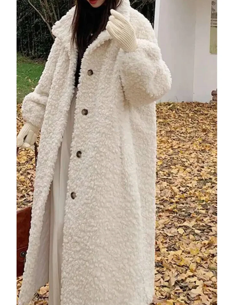 Fur Winter Lamb Long Warm Coat For Women Stand Collar Solid Color Single Breasted Loose Fit Clothing 2025 New MJ8I