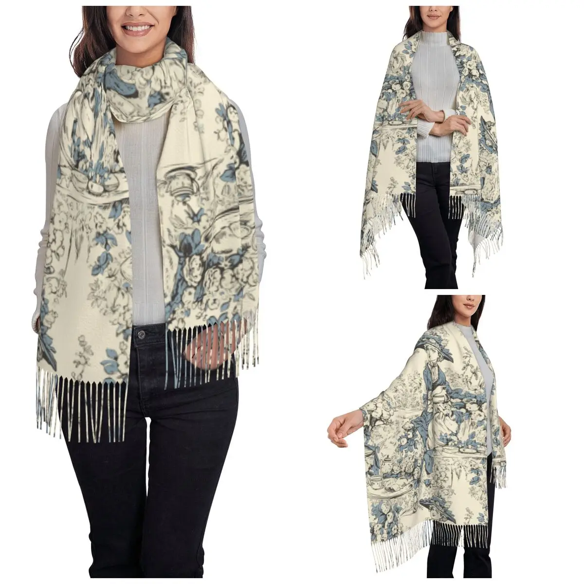 Toile De Jouy Vintage France Lady In Garden Scarf for Womens Winter Fall Cashmere Shawls and Wrap French Long Large Scarves