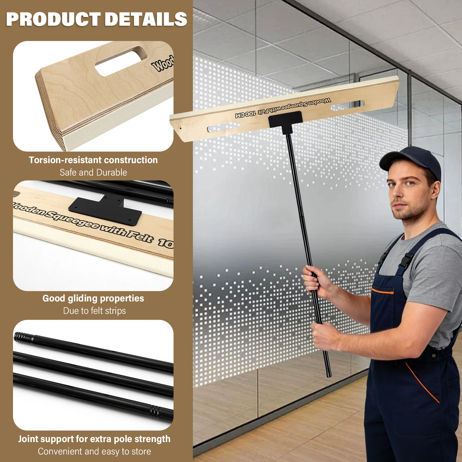 EHDIS 30/100cm Großer Holzabzieher mit Filzkante für Tapeten, Poster, Glasfolie, Vinylanwendung und Holzglättung – Detail 21