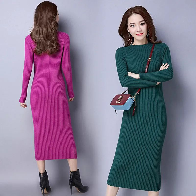 Autumn Winter Womens Clothing Fashion Slim Long Sweater Dress Casual Knitwears Pullovers Long-Sleeve Bottom Pull Femme Sweaters