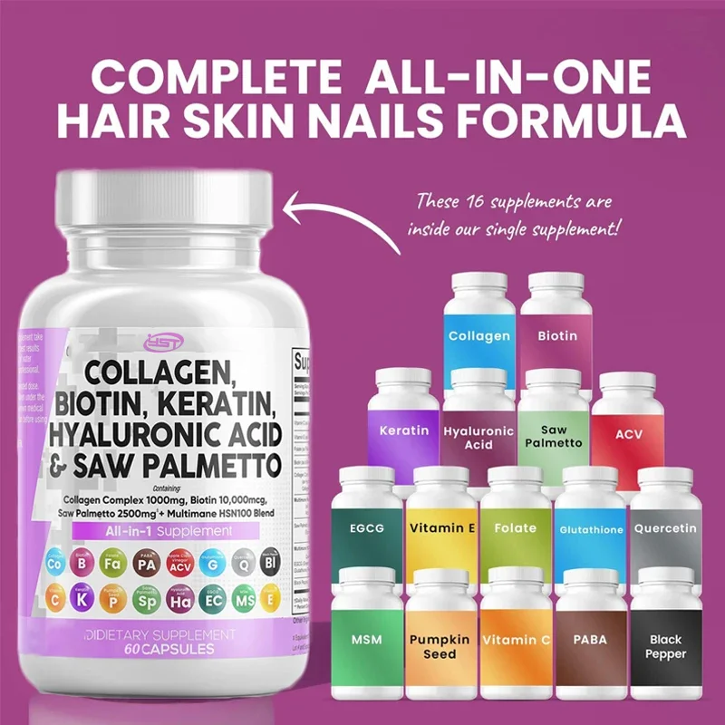 Collagen Pills Biotin Keratin Saw Palm Hyaluronic Acid Hair, Skin and Nails Vitamin E Folate Pumpkin Seed 60 Pills