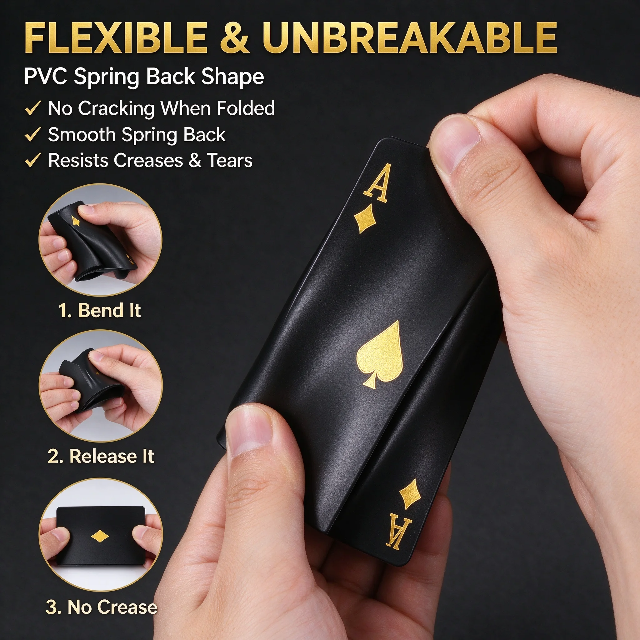 Black Playing Cards with Gold Foil, Pvc Waterproof, Anti-Fold, Thickened Wide Cards, Texas Hold'Em Casino Exclusive High-End Black Gold Foil Playing Cards, Waterproof Plastic Cards, Wear-Resistant and Fold-Resistant, A