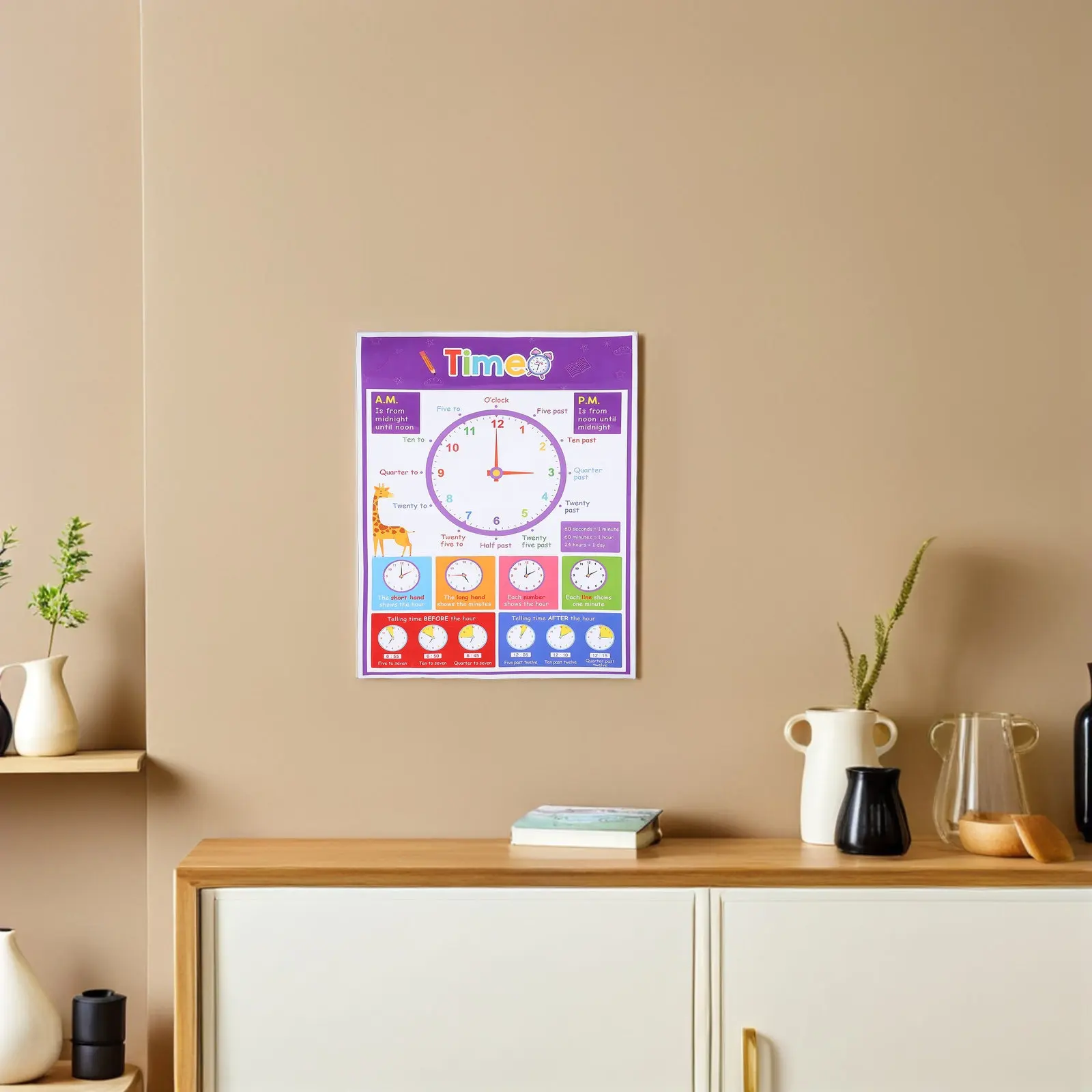 Time Teaching Wall Chart for Kids Educational Poster 40x50cm Analog Clock Preschool Classroom Decor Learning Aid Time Telling