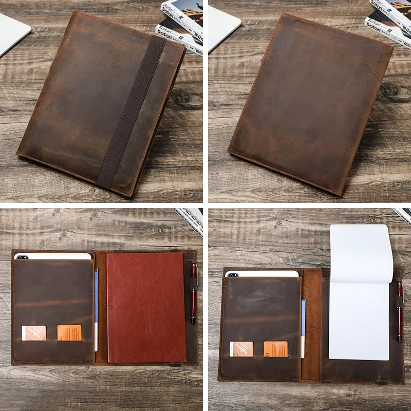 Frenzy Horse Leather B5 Notebook Case with Pen Slot for iPad Pro 10.5/11 Business Office Notebook Leather Cover