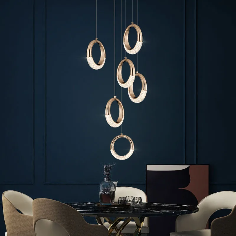 Modern Circle Ring Led Stair Chandelier Luxury Acrylic Pendant Lights Duplex Villa Loft Living Room Lustre Hanging Lamps Fixture