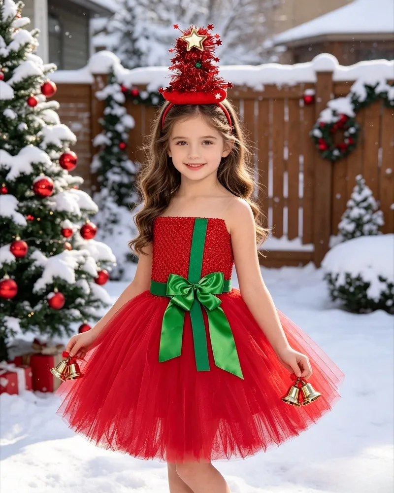 Christmas Red Tutu Dress Gifts Present Girls Outfit Kids Toddler Festival Party Tulle Princess Mesh Dress Matching Headband Set
