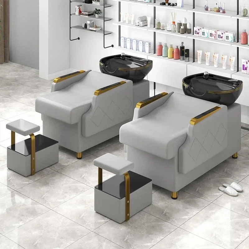 Modern Simple Style Barber Shop Shampoo Bed Leather Material Hairdressing Semi-Reclining Bed Foot Stool Beauty Shop Hair Care