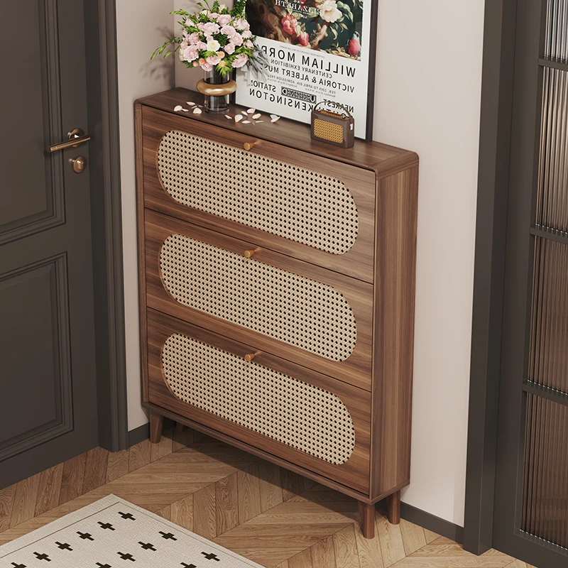 

Rattan shoe cabinet, antique style ultra-thin tipping bucket at the door of the home, entrance to the living room, foyer cabinet