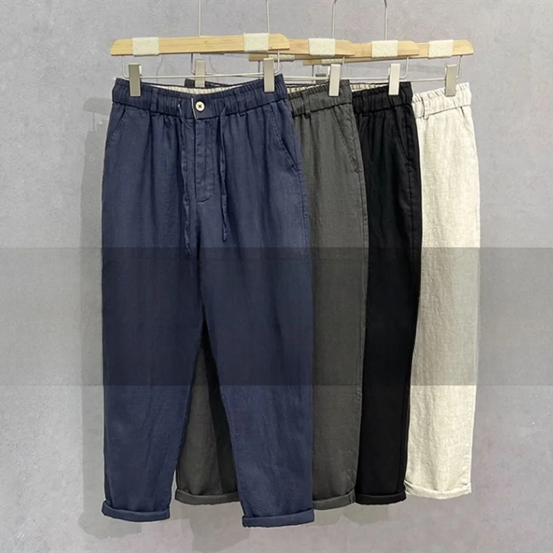 

Loose Cotton Linen Men's Summer Casual Pants High Waist Wide Leg Breathable Nine Points Trousers plus Size Big Men Faion