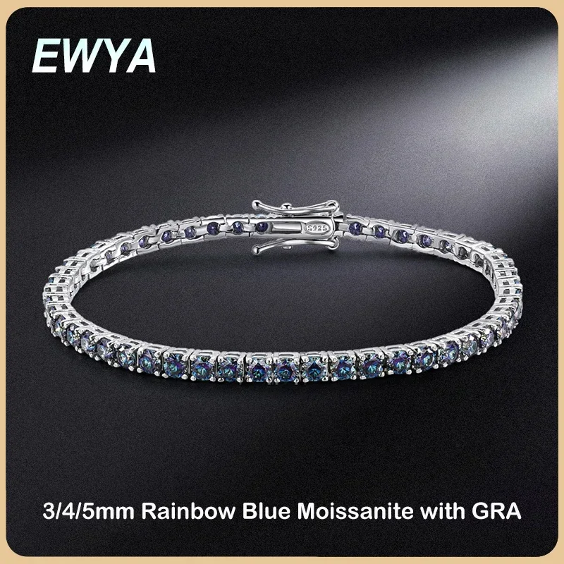 EWYA Luxury 3/4/5MM Full Blue Green Moissanite Tennis Bracelet for Men Women S925 Red Pass Diamond Test Bracelets Wholesale Gift