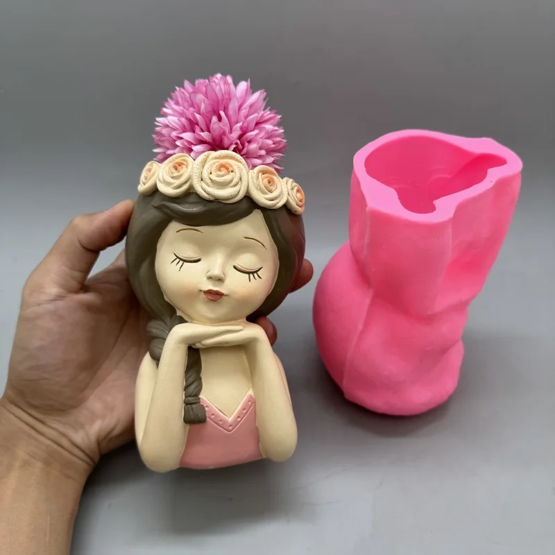 Cute girl flower pot silicone mold used to make gypsum resin concrete living room balcony decoration ornaments view 2