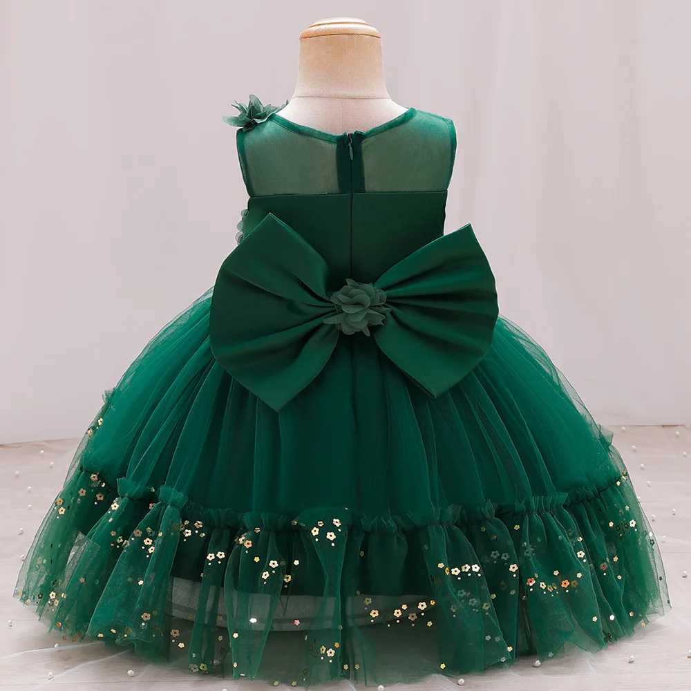 Girl's New Sleeveless Flower Bow Sequin Mesh Fluffy Dress Wedding Flower Boy Christmas Halloween Princess Dress