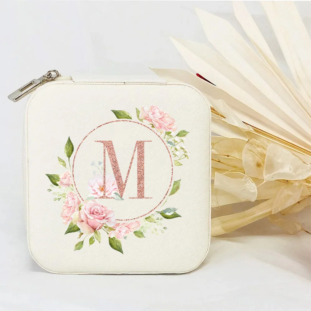 Custom Initial Jewelry Box for Women, PU Leather Travel Jewelry Organizer with Floral Print, Personalized Letters Jewelry Case