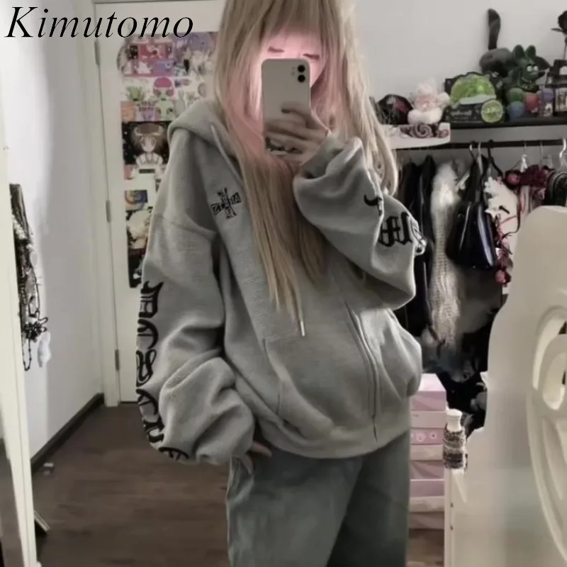 

Kimutomo Hoodies Women Embroidery Vintage Grunge Gothic Autumn Winter Loose Y2k Aesthetic Harajuku Jackets Ladies Sweatshirts