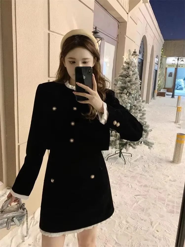 French Elegant Two Piece Velvet Skitr Set Women Autumn Winter Long Sleeve Single Breasted Short Coat + A-line Mini Skirt Outfit