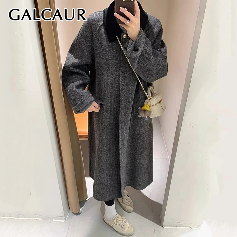 

GALGUAR Colorblock Women's Mid Length Coats Doll Collar Long Sleeve Spliced Single Button Korean Style Woolen Coat Female Autumn