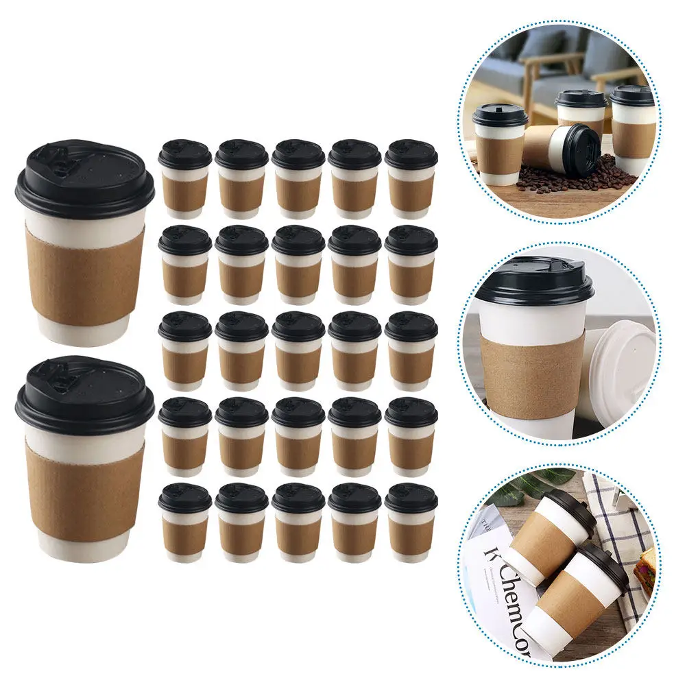 

1Set Disposable Coffee Cups with Lids Leakproof Thick Paper Beverage Cups for Hot Coffee Tea Milk Chocolate Water Portable