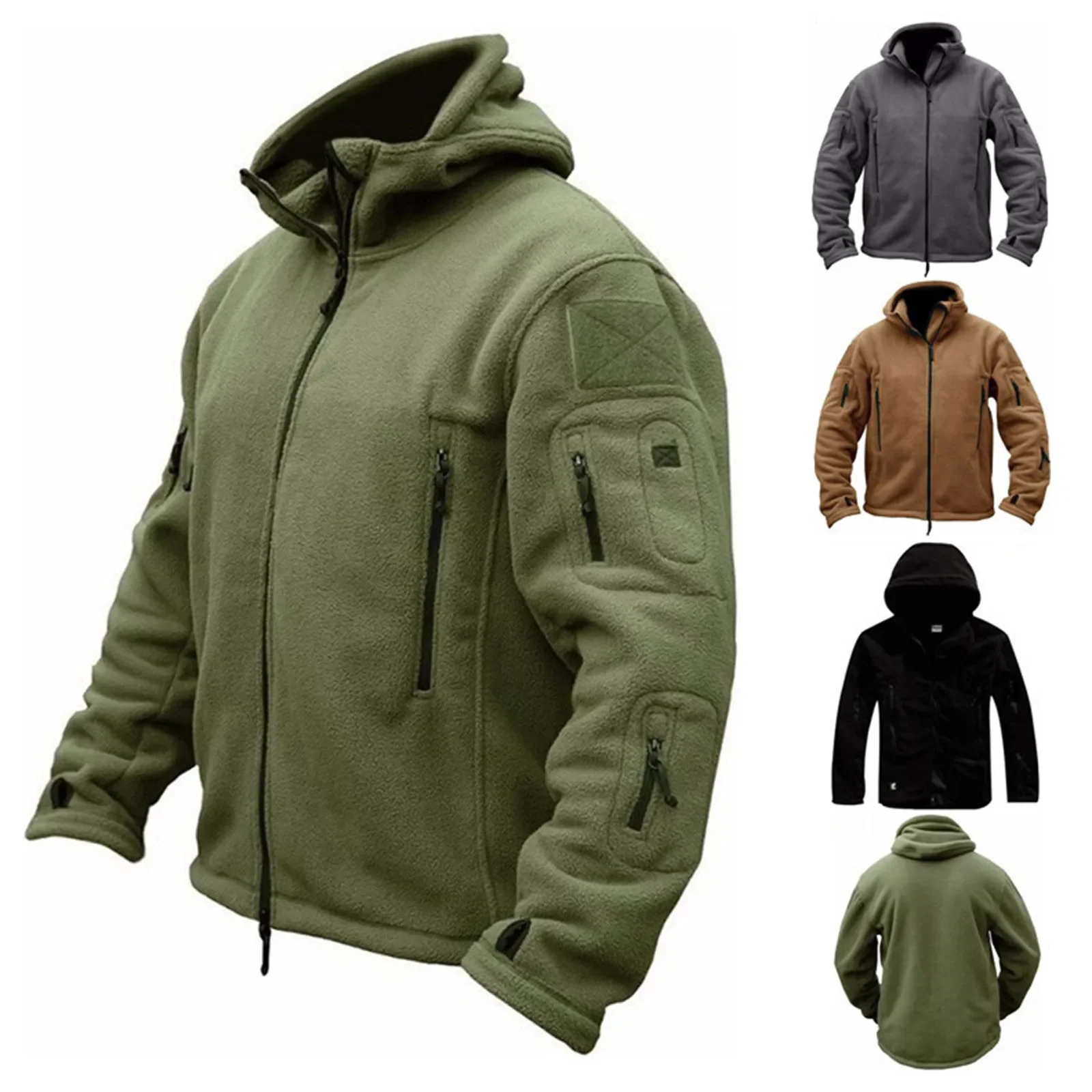 Winter Fleece Jacket Men's Military Tactical Jacket Solid Warm Fleece Coats with Hat Outdoor Sports Combat Hiking Polar Jacket