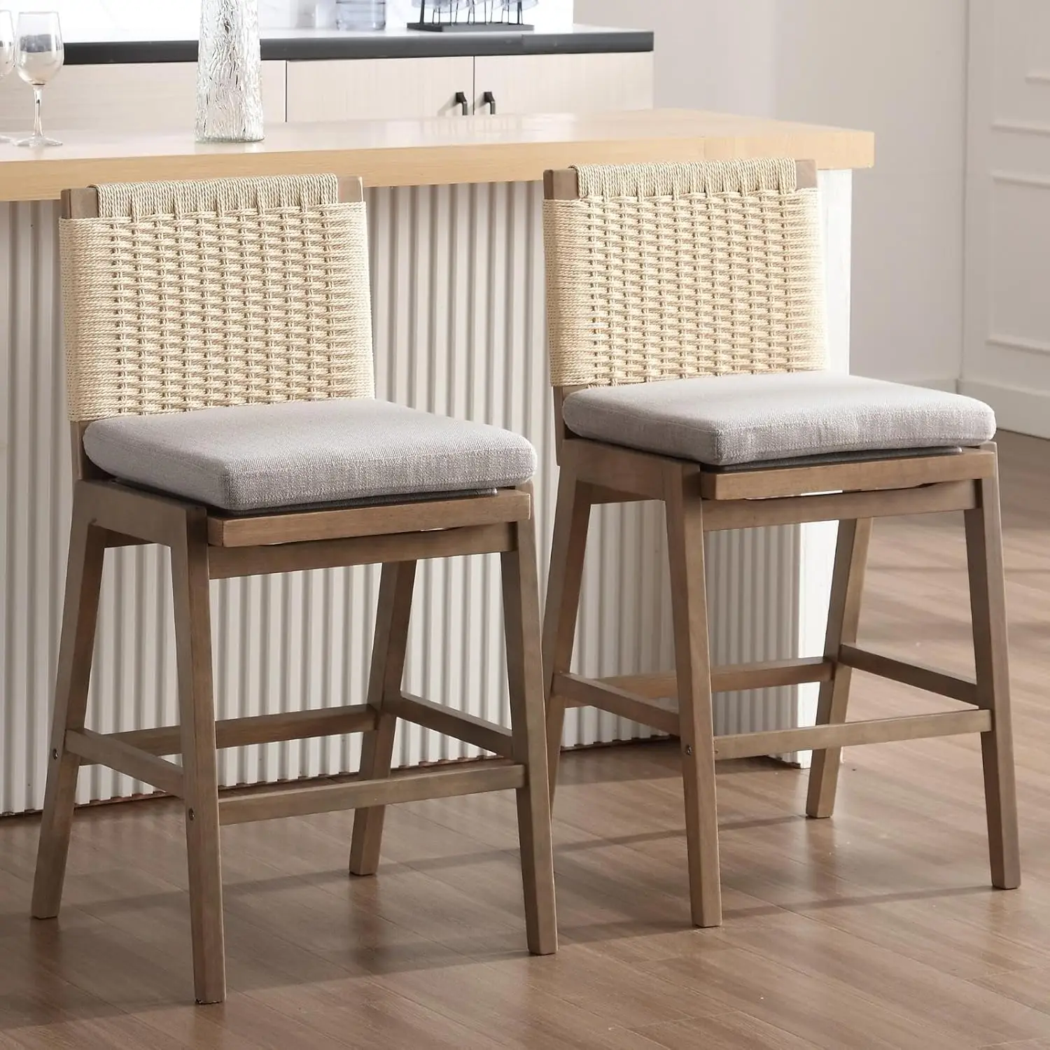 

Modern Bar Stools Set of 2, 27" Counter Height Barstools with Woven Back, Linen Upholstered Kitchen Island Chair with