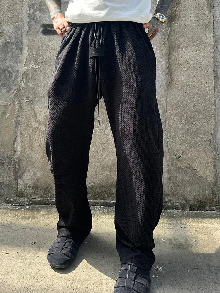 

Retro American Casual Pants Men's Summer Elastic Waist Drawstring Straight Leg Pure Color Texture Bend Knife Pants