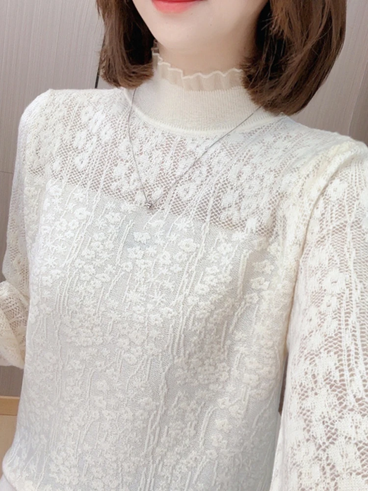 

Осень-зима, новый длинный вязаный шерстяной свитер с высоким воротником, кружевной дизайн, базовый слой, топ Camere