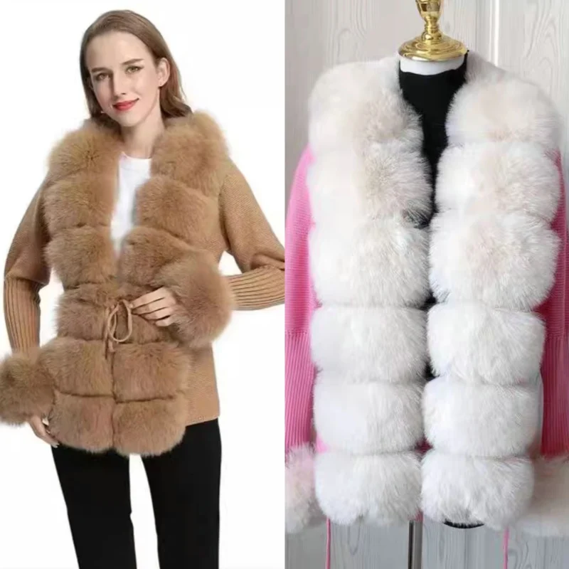 Fashion Fur Coat 2024 Spring NEW Women\'s Cardigan Women Faux Fox Fur Knit Sweater Ladies Elegant Knitted Sweater with Fur Collar