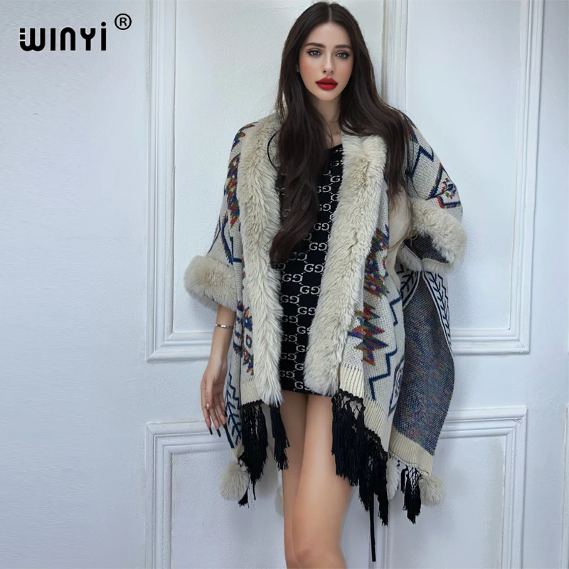 WINYI Winter African cardigan print abaya dubai luxury outfits for women Fringed coat Open Front Kimono poncho women winter