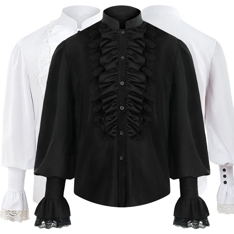 2025 New Long Sleeve Black White Pleated Pirate Shirts for Men and Women,Medieval Renaissance Role Play Costume,Steampunk Camisa