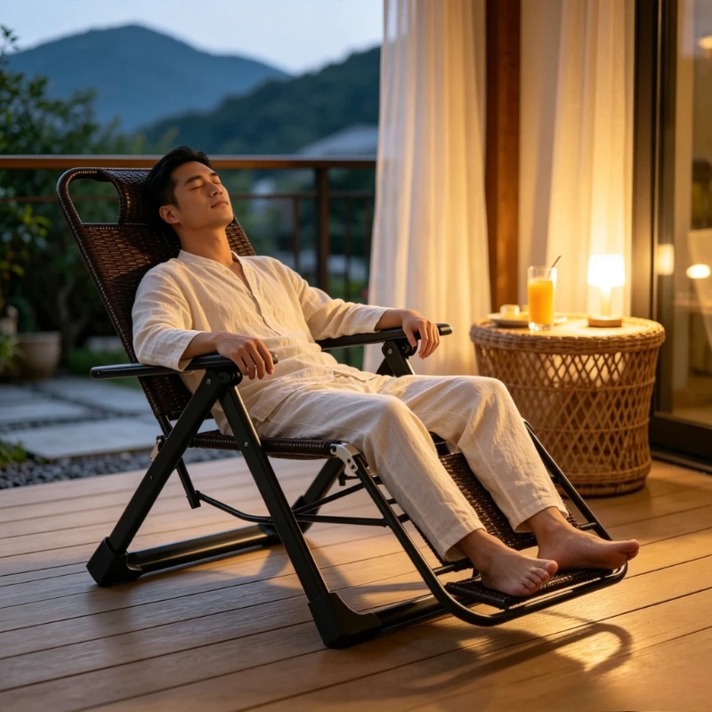 Foldable Nap Recliner for Balcony & Garden, Summer Rattan Lounge Chair, Breathable Backrest Seat for Elderly & Home Use