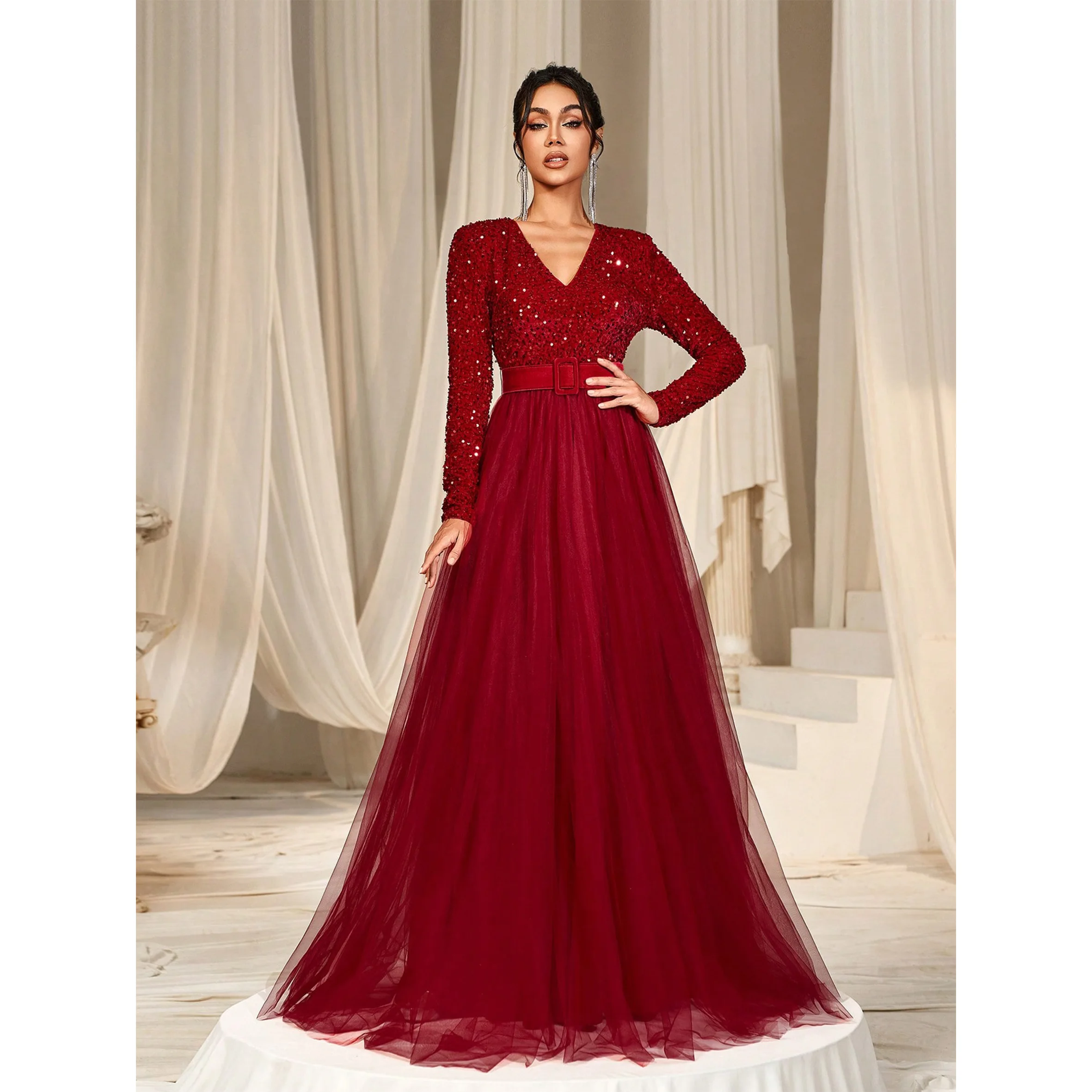 

Surplice Neck Sequin Bodice Contrast Mesh Hem Belted Formal Evening Dress