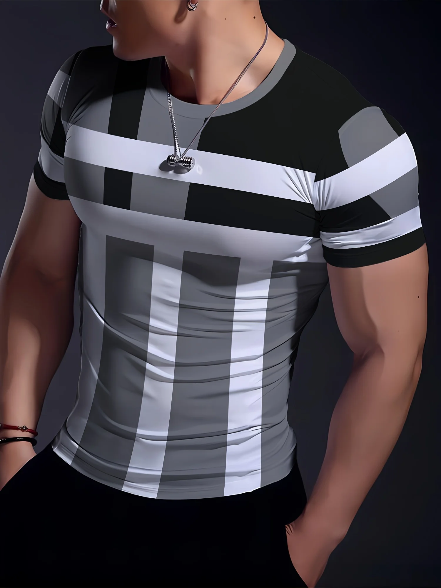 Classic striped color-blocked 3D print men's summer T-shirt, outdoor crew neck top, street quick-drying sweatshirt