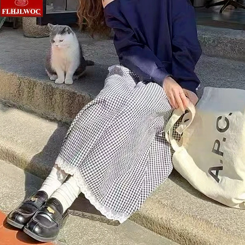 

Plaid Skirts Cute Japan Girls Woman Holiday Date Patchwork White Lace Preppy Style Blue Black Lattice Retro Vintage Long Skirt