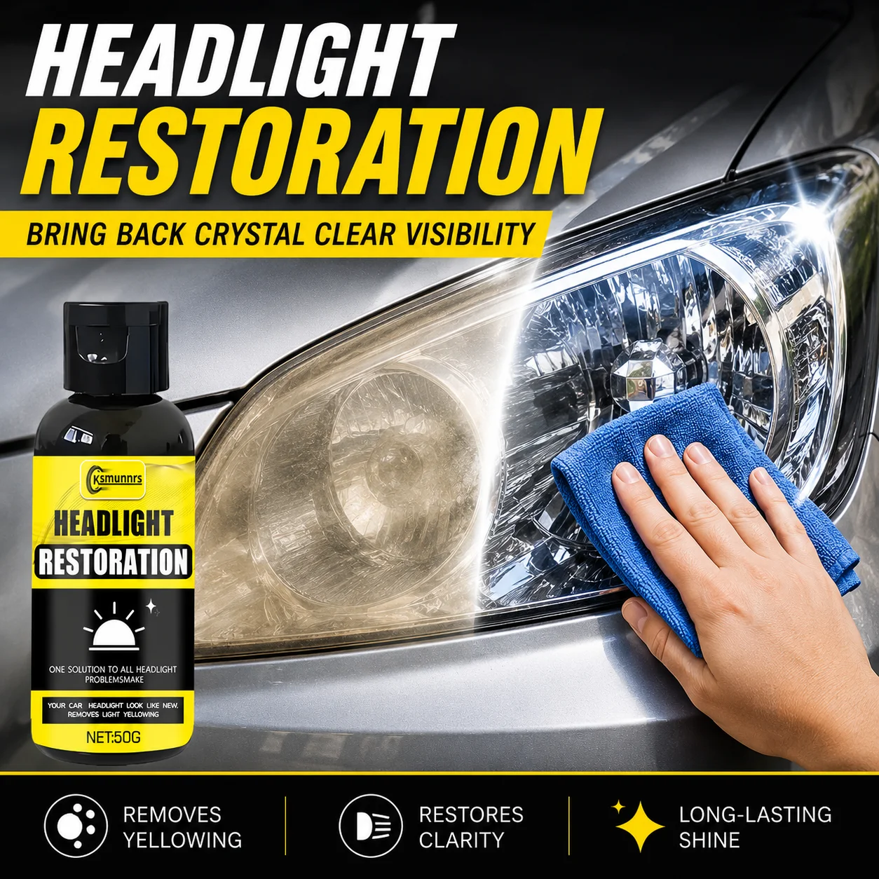 Car Headlight Restoration Spray for Yellowing Oxidation Removal and Lens Clarity Renewal