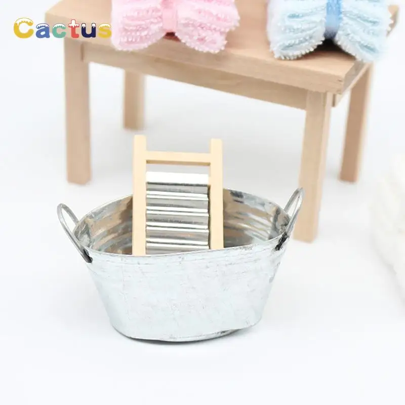 1 Set 1:12 Dollhouse Miniature Washboard Iron Bucket Bathroom Model Decor Toy Doll House Accessories