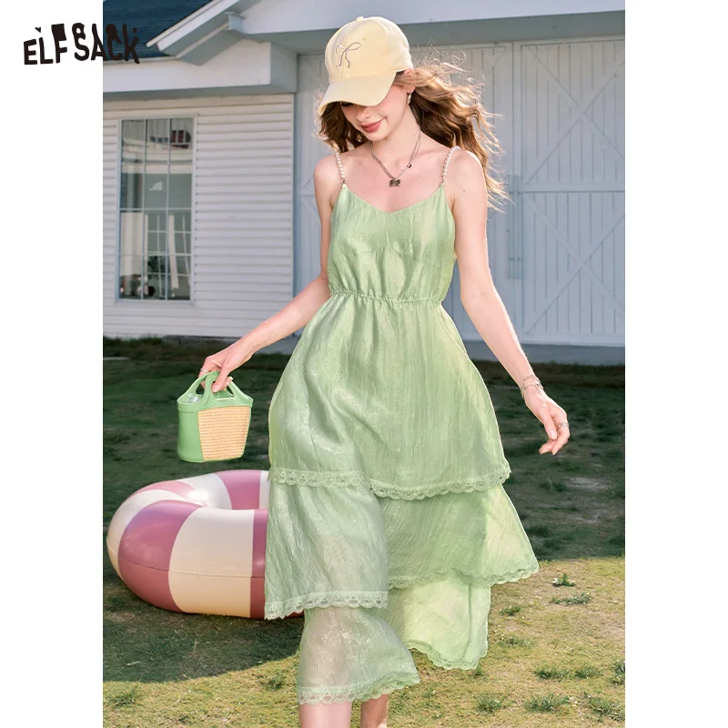 ELFSACK 2024 Summer New Arrivals Pearl shoulder strap suspenders waist temperament cake skirt dress for women