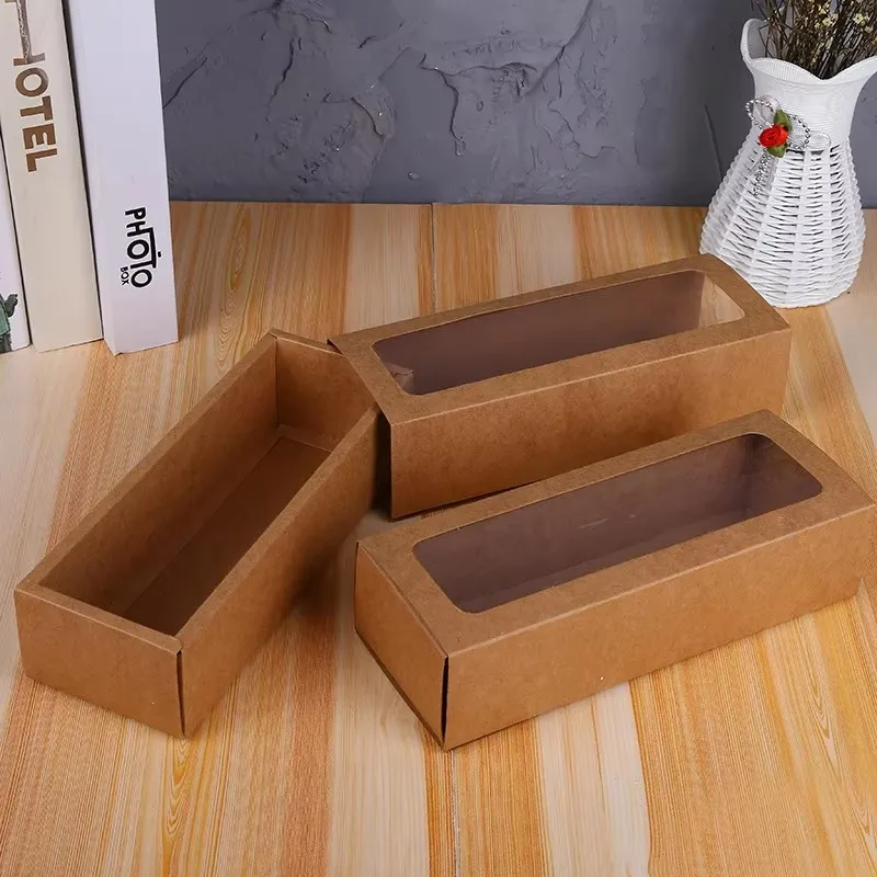 

100Pcs Kraft Paper Cookie Cake Packaging Box With Plastic Pvc Window For Candy Biscuit Chocolate Paper Carton Cardboard Gift Box