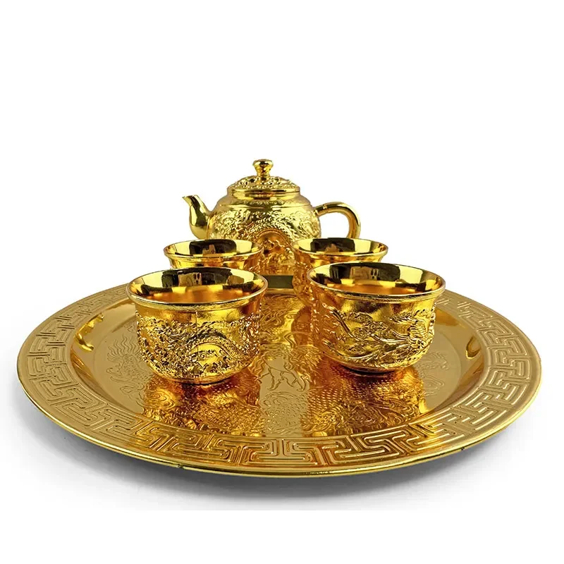 Golden Dragon Phoenix Tea set Luxurious palace style 1 teapot 4 cups 1 tray home kung fu tea set