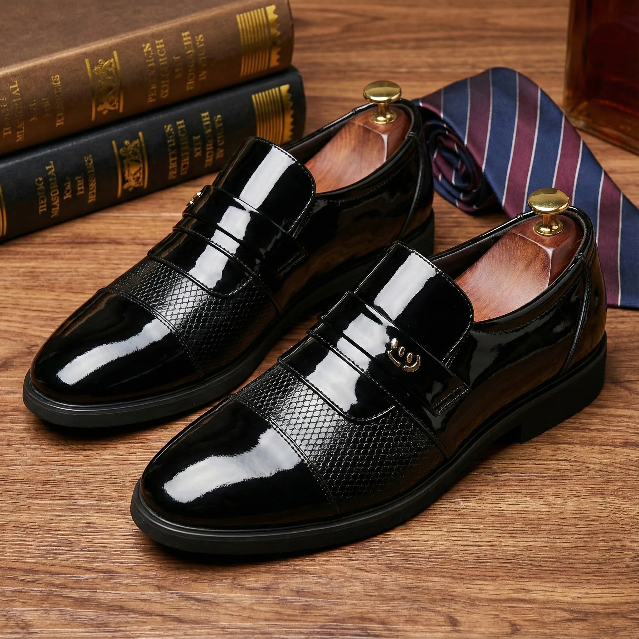 

Premium Black Shiny Slip-On Shoes Formal Business Dress Shoes