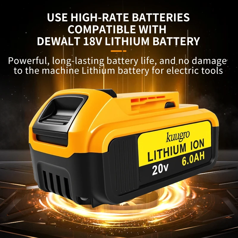 Kuugro For DeWalt 20V Battery 5Ah 6Ah Replacement Battery DCB200 Compatible With For Dewalt 20V Tools Battery