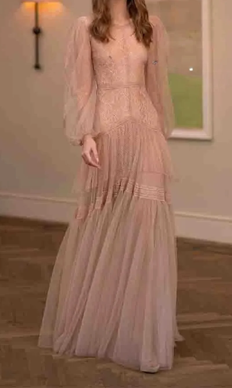 2024 Pink Lace Elegant Prom Gowns V Neck A Line Wedding Party Dress For Women Full Sleeeves Maxi Formal Evening Dress