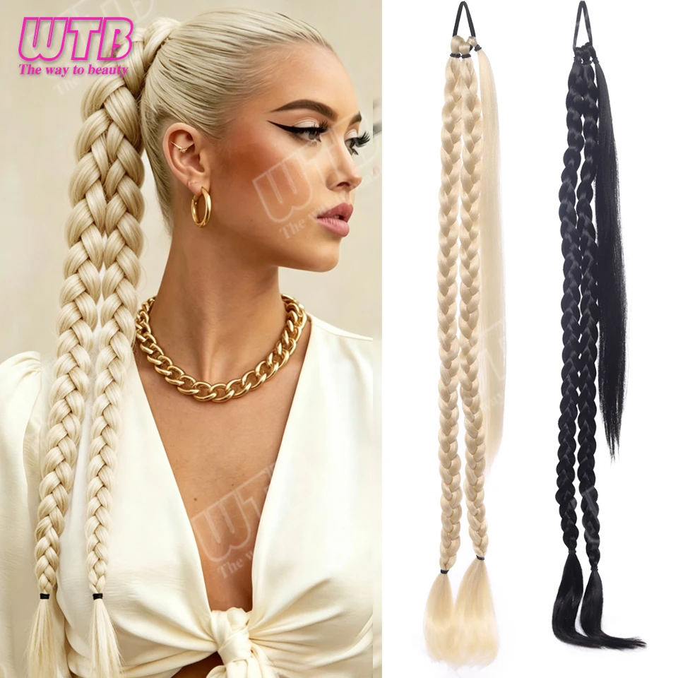 WTB Double Braided Ponytail Synthetic Wig Elastic Tie Style Wrapped Long Braided Ponytail Wig Suitable for Women's Daily Wear