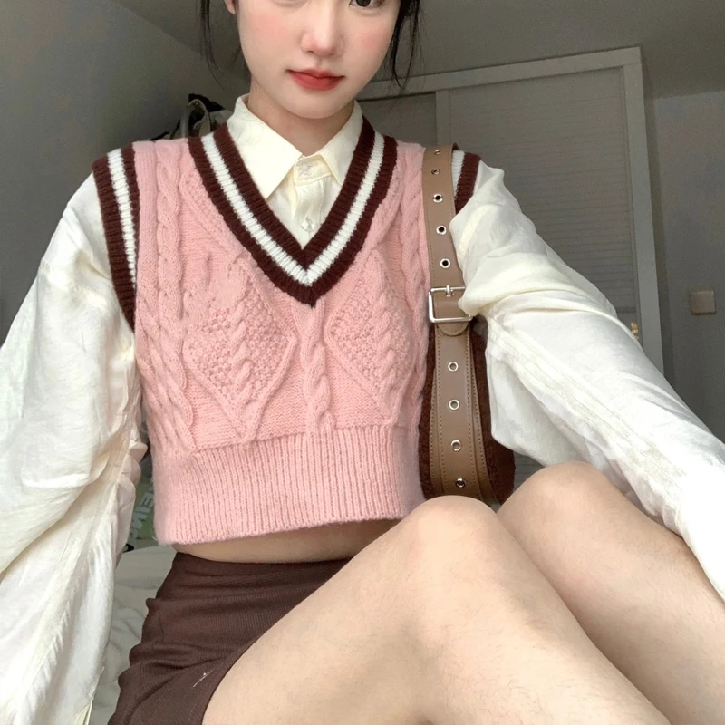 Preppy Style Suit Women Sweet V-neck Shirt Sleeve Elastic Waist Sheath Pink Knitted Pullover Waistcoat New Three-piece Set