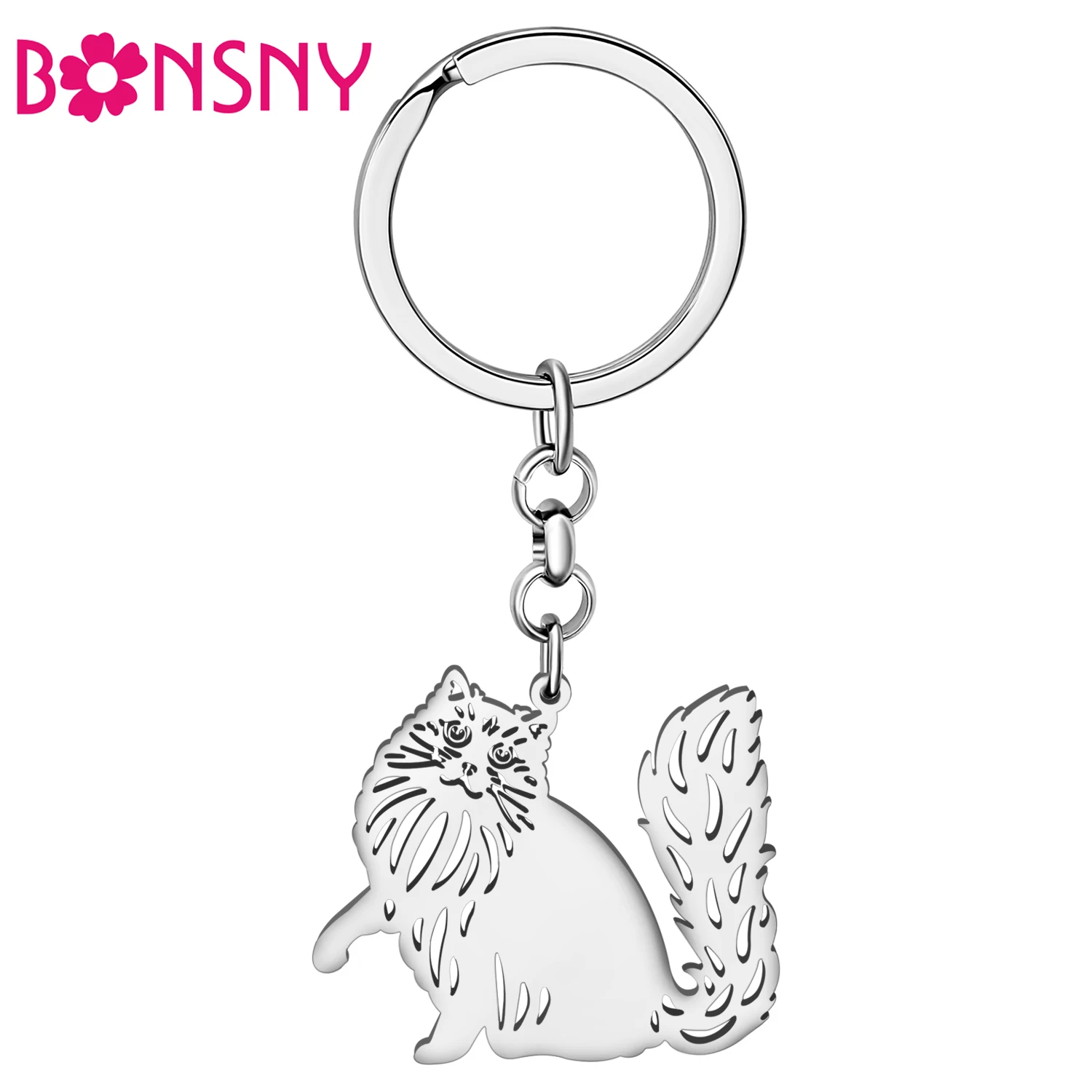 Bonsny Stainless Steel Sweet Ragdoll Cat Plush Tail Key Chain Key Ring For Women Ladies Handbga Purse Keychains Puss Gifts